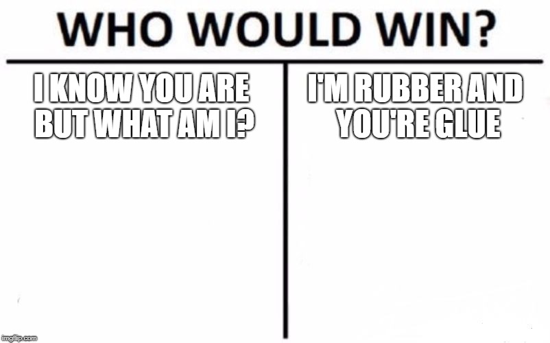 Who Would Win? | I KNOW YOU ARE BUT WHAT AM I? I'M RUBBER AND YOU'RE GLUE | image tagged in memes,who would win | made w/ Imgflip meme maker