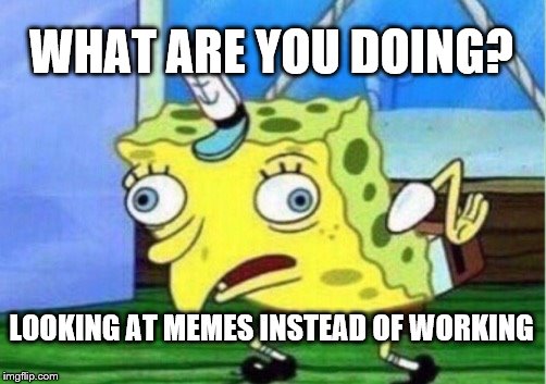 Mocking Spongebob | WHAT ARE YOU DOING? LOOKING AT MEMES INSTEAD OF WORKING | image tagged in memes,mocking spongebob | made w/ Imgflip meme maker
