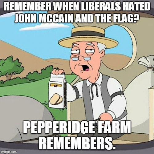 Pepperidge Farm Remembers Meme | REMEMBER WHEN LIBERALS HATED JOHN MCCAIN AND THE FLAG? PEPPERIDGE FARM REMEMBERS. | image tagged in memes,pepperidge farm remembers | made w/ Imgflip meme maker
