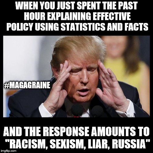 MAGAGRAINE | WHEN YOU JUST SPENT THE PAST HOUR EXPLAINING EFFECTIVE POLICY USING STATISTICS AND FACTS; #MAGAGRAINE; AND THE RESPONSE AMOUNTS TO "RACISM, SEXISM, LIAR, RUSSIA" | image tagged in trump,headache,facts | made w/ Imgflip meme maker