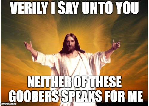 Jesus rejects you | VERILY I SAY UNTO YOU; NEITHER OF THESE GOOBERS SPEAKS FOR ME | image tagged in jesus | made w/ Imgflip meme maker