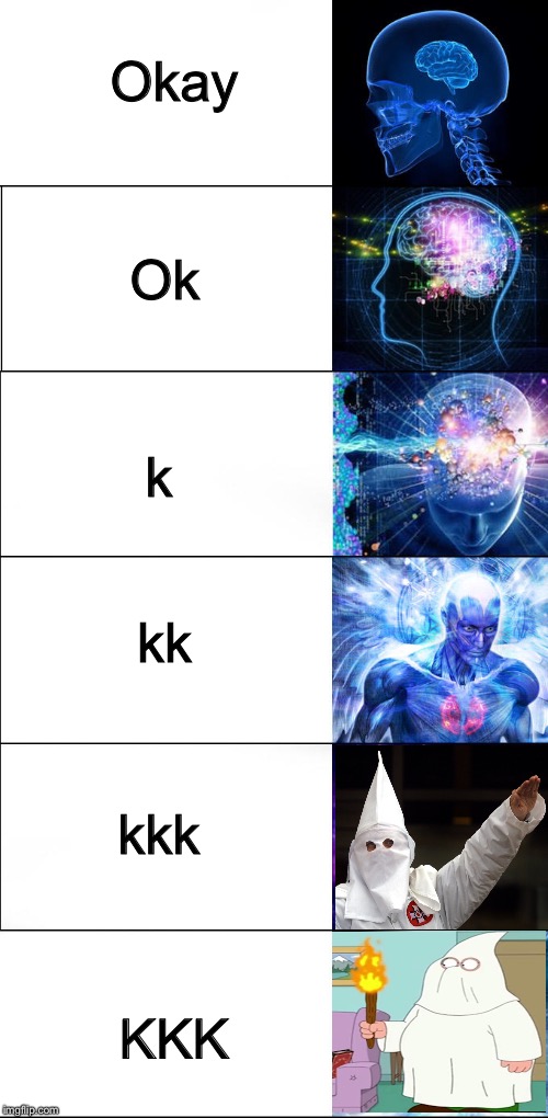 Okay ok k kk kkk KKK | Okay; Ok; k; kk; kkk; KKK | image tagged in kkk,ku klux klan,peter | made w/ Imgflip meme maker