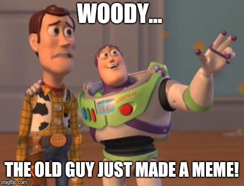 X, X Everywhere | WOODY... THE OLD GUY JUST MADE A MEME! | image tagged in memes,x x everywhere | made w/ Imgflip meme maker
