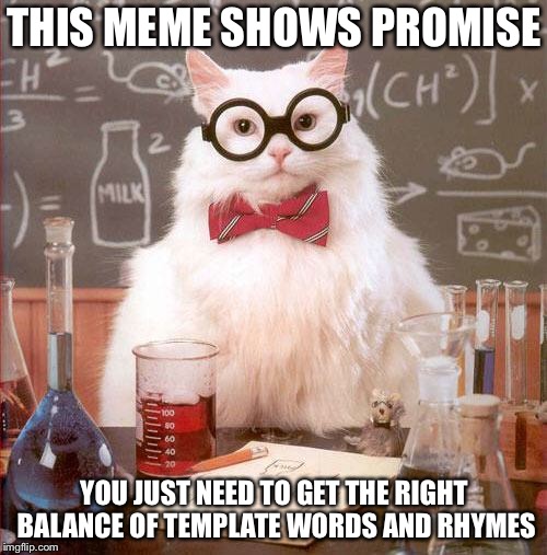 Science Cat | THIS MEME SHOWS PROMISE YOU JUST NEED TO GET THE RIGHT BALANCE OF TEMPLATE WORDS AND RHYMES | image tagged in science cat | made w/ Imgflip meme maker