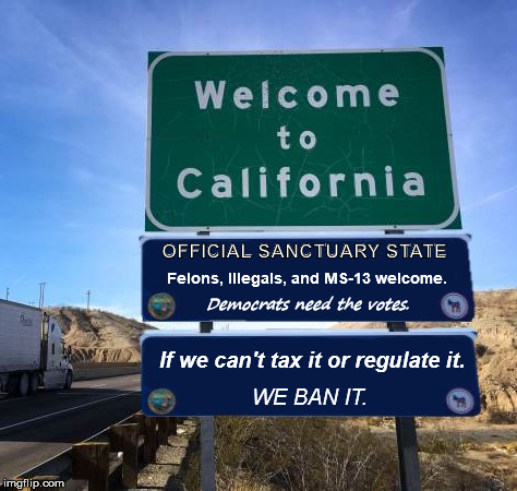 How the mighty have fallen.  | OFFICIAL SANCTUARY STATE; Felons, Illegals, and MS-13 welcome. Democrats need the votes. If we can't tax it or regulate it. WE BAN IT. | image tagged in memes,california | made w/ Imgflip meme maker