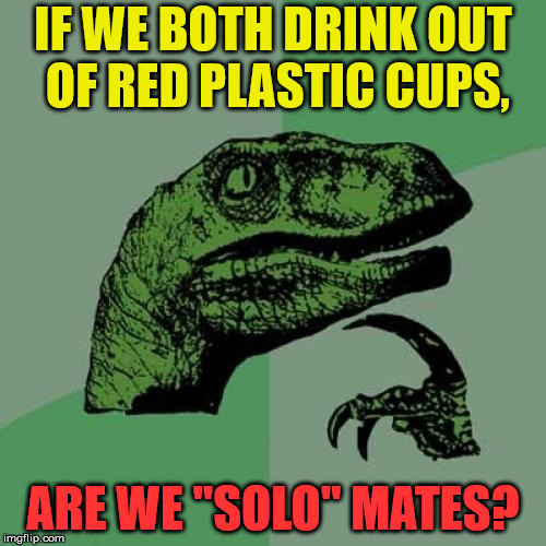 Philosoraptor | IF WE BOTH DRINK OUT OF RED PLASTIC CUPS, ARE WE "SOLO" MATES? | image tagged in memes,philosoraptor | made w/ Imgflip meme maker