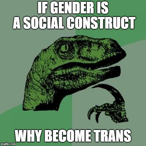 Philosoraptor | IF GENDER IS A SOCIAL CONSTRUCT; WHY BECOME TRANS | image tagged in memes,philosoraptor,transgender,gender,dinosaur,feminism | made w/ Imgflip meme maker