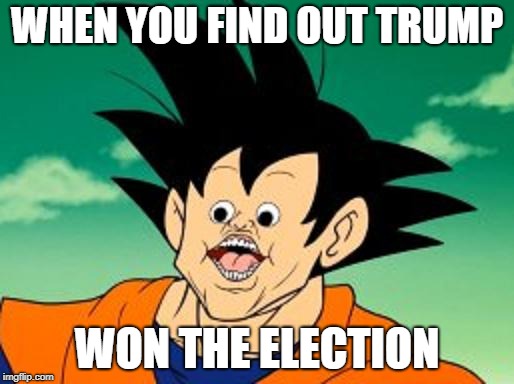 Goku Photoshop? . . . I just found this image and uploaded it. | WHEN YOU FIND OUT TRUMP; WON THE ELECTION | image tagged in goku photoshop    i just found this image and uploaded it | made w/ Imgflip meme maker