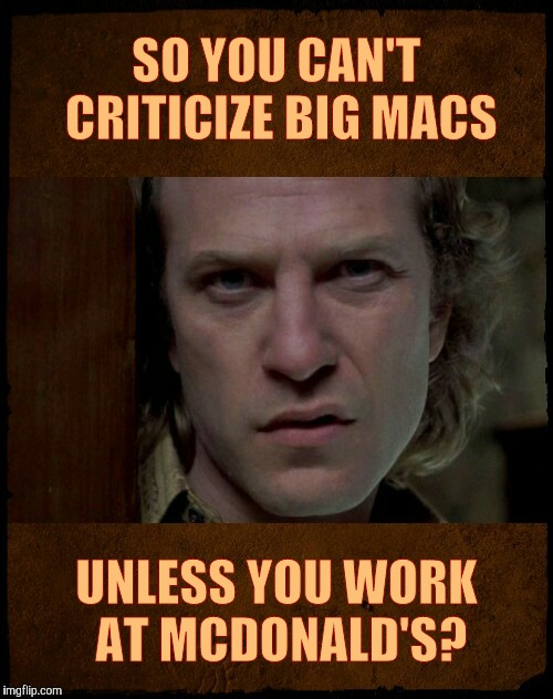 Buffalo Bill, Are you serious?,,, | SO YOU CAN'T CRITICIZE BIG MACS UNLESS YOU WORK AT MCDONALD'S? | image tagged in buffalo bill are you serious?   | made w/ Imgflip meme maker