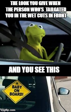 I've noticed this a lot lately... | THE LOOK YOU GIVE WHEN THE PERSON WHO'S  TAILGATED YOU IN THE WET CUTS IN FRONT; AND YOU SEE THIS | image tagged in kermit driving,bad drivers,idiots,stupid people | made w/ Imgflip meme maker