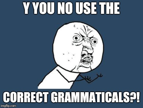 Y you do this to me | Y YOU NO USE THE; CORRECT GRAMMATICALS?! | image tagged in y you do this to me | made w/ Imgflip meme maker
