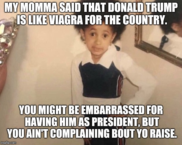 True dat | MY MOMMA SAID THAT DONALD TRUMP IS LIKE VIAGRA FOR THE COUNTRY. YOU MIGHT BE EMBARRASSED FOR HAVING HIM AS PRESIDENT, BUT YOU AIN'T COMPLAINING BOUT YO RAISE. | image tagged in my momma said,donald trump,politics,political meme | made w/ Imgflip meme maker