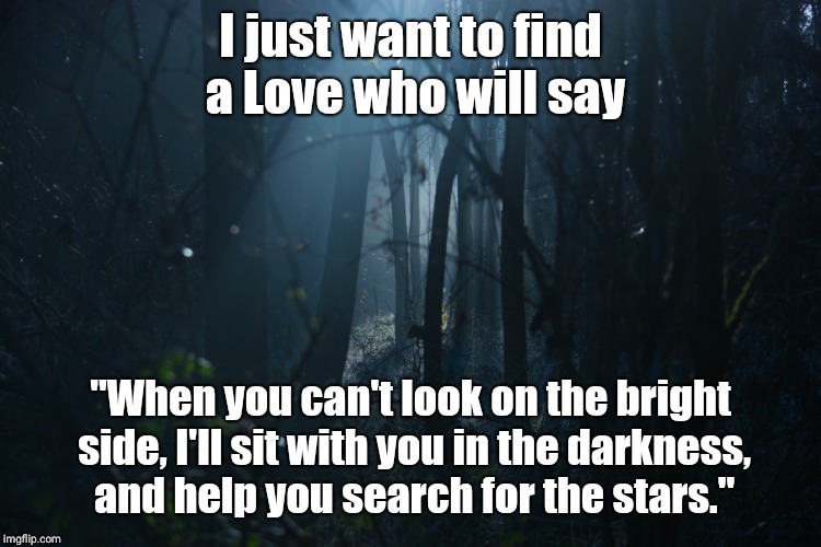 I just want to find a Love who will say; "When you can't look on the bright side, I'll sit with you in the darkness, and help you search for the stars." | image tagged in love,darkness,forest | made w/ Imgflip meme maker