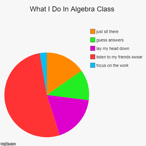Algebra Class | What I Do In Algebra Class | focus on the work, listen to my friends swear, lay my head down, guess answers, just sit there | image tagged in funny,pie charts | made w/ Imgflip chart maker