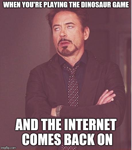 Face You Make Robert Downey Jr Meme | WHEN YOU'RE PLAYING THE DINOSAUR GAME; AND THE INTERNET COMES BACK ON | image tagged in memes,face you make robert downey jr | made w/ Imgflip meme maker