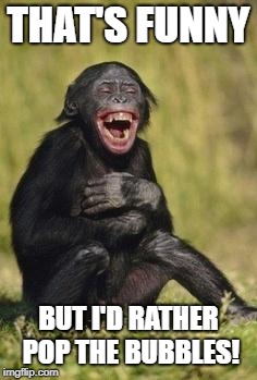 Laughing monkey | THAT'S FUNNY BUT I'D RATHER POP THE BUBBLES! | image tagged in laughing monkey | made w/ Imgflip meme maker