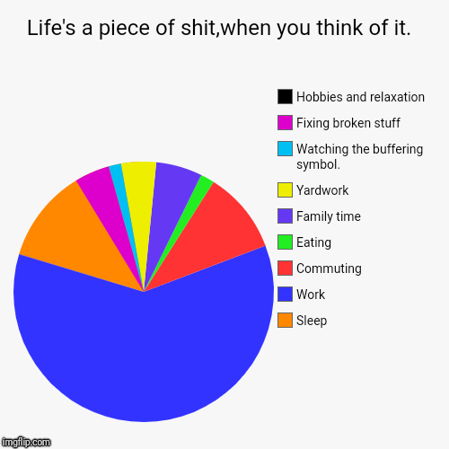 Life's a piece of shit,when you think of it.  | Sleep , Work, Commuting , Eating , Family time , Yardwork , Watching the buffering symbol. , | image tagged in funny,pie charts | made w/ Imgflip chart maker