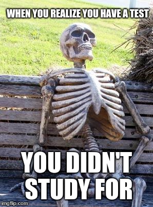 Waiting Skeleton Meme | WHEN YOU REALIZE YOU HAVE A TEST; YOU DIDN'T STUDY FOR | image tagged in memes,waiting skeleton | made w/ Imgflip meme maker