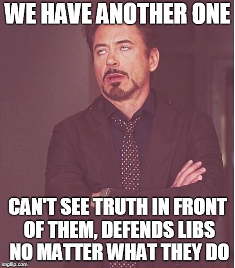 Face You Make Robert Downey Jr Meme | WE HAVE ANOTHER ONE; CAN'T SEE TRUTH IN FRONT OF THEM, DEFENDS LIBS NO MATTER WHAT THEY DO | image tagged in memes,face you make robert downey jr | made w/ Imgflip meme maker