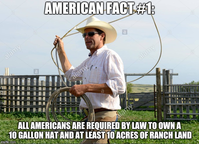 America Facts brought to you by an American : the 10gh law | AMERICAN FACT #1:; ALL AMERICANS ARE REQUIRED BY LAW TO OWN A 10 GALLON HAT AND AT LEAST 10 ACRES OF RANCH LAND | image tagged in america | made w/ Imgflip meme maker