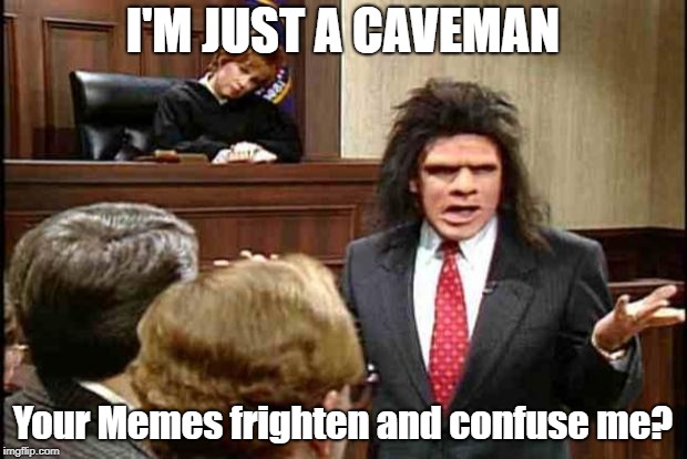 Unfrozen Caveman Lawyer | I'M JUST A CAVEMAN; Your Memes frighten and confuse me? | image tagged in unfrozen caveman lawyer | made w/ Imgflip meme maker