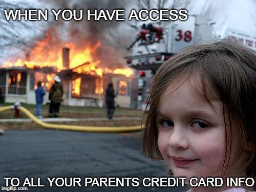 Disaster Girl Meme | WHEN YOU HAVE ACCESS; TO ALL YOUR PARENTS CREDIT CARD INFO | image tagged in memes,disaster girl | made w/ Imgflip meme maker