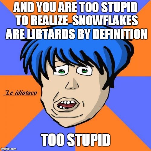 Idiotaco Meme | AND YOU ARE TOO STUPID TO REALIZE  SNOWFLAKES ARE LIBTARDS BY DEFINITION TOO STUPID | image tagged in memes,idiotaco | made w/ Imgflip meme maker