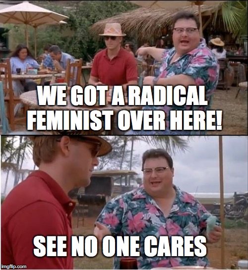 See Nobody Cares Meme | WE GOT A RADICAL FEMINIST OVER HERE! SEE NO ONE CARES | image tagged in memes,see nobody cares | made w/ Imgflip meme maker