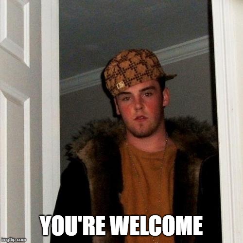 Scumbag Steve Meme | YOU'RE WELCOME | image tagged in memes,scumbag steve | made w/ Imgflip meme maker