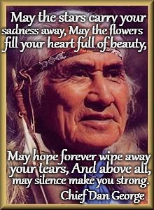Chief Dan George | May the stars carry your; sadness away, May the flowers; fill your heart full of beauty, May hope forever wipe away; your tears, And above all, may silence make you strong. Chief Dan George | image tagged in native american,native americans,indians,indian chief,chief,tribe | made w/ Imgflip meme maker