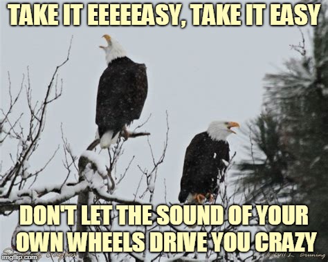 TAKE IT EEEEEASY, TAKE IT EASY; DON'T LET THE SOUND OF YOUR OWN WHEELS DRIVE YOU CRAZY | made w/ Imgflip meme maker