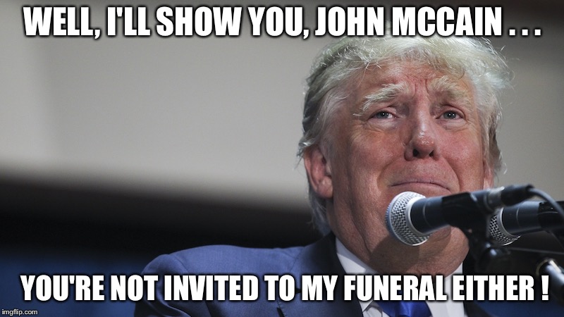 I'll show you, John McCain... | WELL, I'LL SHOW YOU, JOHN MCCAIN . . . YOU'RE NOT INVITED TO MY FUNERAL EITHER ! | image tagged in crybaby trump | made w/ Imgflip meme maker