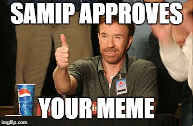 Chuck Norris Approves | SAMIP APPROVES; YOUR MEME | image tagged in memes,chuck norris approves,chuck norris | made w/ Imgflip meme maker