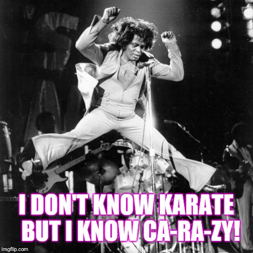 James Brown moves | I DON'T KNOW KARATE 
BUT I KNOW CA-RA-ZY! | image tagged in james brown | made w/ Imgflip meme maker