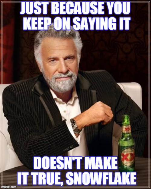 The Most Interesting Man In The World Meme | JUST BECAUSE YOU KEEP ON SAYING IT DOESN'T MAKE IT TRUE, SNOWFLAKE | image tagged in memes,the most interesting man in the world | made w/ Imgflip meme maker