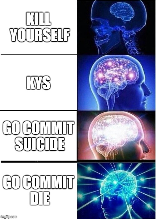 Expanding Brain Meme | KILL YOURSELF; KYS; GO COMMIT SUICIDE; GO COMMIT DIE | image tagged in memes,expanding brain | made w/ Imgflip meme maker