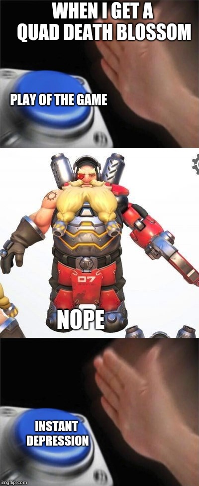 can i has it pls | WHEN I GET A QUAD DEATH BLOSSOM; PLAY OF THE GAME; NOPE; INSTANT DEPRESSION | image tagged in torbjorn,overwatch | made w/ Imgflip meme maker