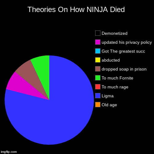 Theories On How NINJA Died | Old age, Ligma, To much rage , To much Fornite, dropped soap in prison, abducted , Got The greatest succ, updat | image tagged in funny,pie charts | made w/ Imgflip chart maker