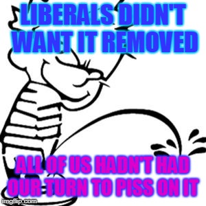 piss on you | LIBERALS DIDN'T WANT IT REMOVED ALL OF US HADN'T HAD OUR TURN TO PISS ON IT | image tagged in piss on you | made w/ Imgflip meme maker