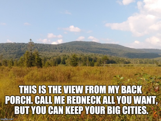 THIS IS THE VIEW FROM MY BACK PORCH. CALL ME REDNECK ALL YOU WANT, BUT YOU CAN KEEP YOUR BIG CITIES. | made w/ Imgflip meme maker
