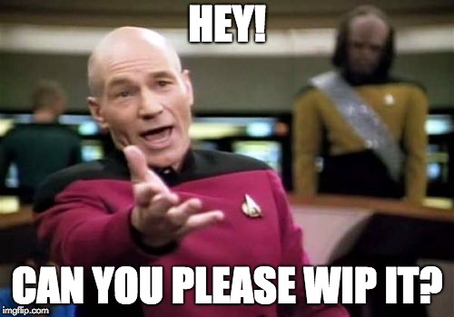Picard Wtf | HEY! CAN YOU PLEASE WIP IT? | image tagged in memes,picard wtf | made w/ Imgflip meme maker