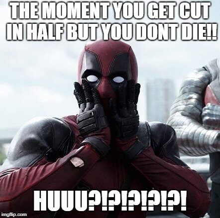 Deadpool Surprised Meme | THE MOMENT YOU GET CUT IN HALF BUT YOU DONT DIE!! HUUU?!?!?!?!?! | image tagged in memes,deadpool surprised | made w/ Imgflip meme maker