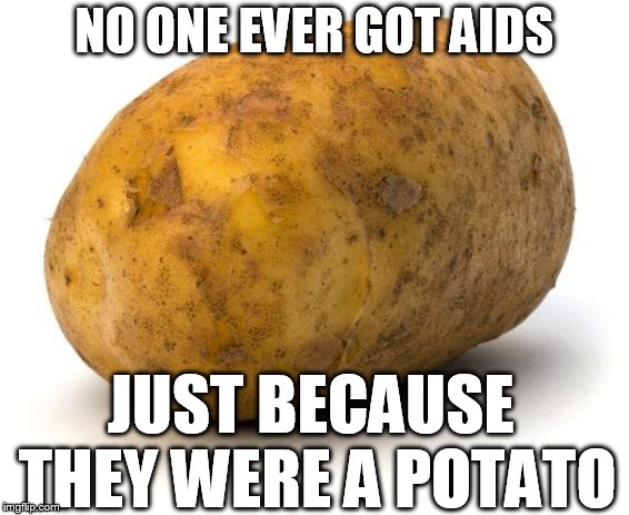 I am a potato | NO ONE EVER GOT AIDS JUST BECAUSE THEY WERE A POTATO | image tagged in i am a potato | made w/ Imgflip meme maker