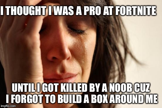 First World Problems | I THOUGHT I WAS A PRO AT FORTNITE; UNTIL I GOT KILLED BY A NOOB CUZ I FORGOT TO BUILD A BOX AROUND ME | image tagged in memes,first world problems | made w/ Imgflip meme maker