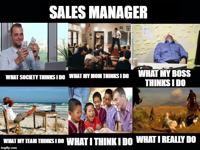 What my friends think I do | SALES MANAGER; WHAT SOCIETY THINKS I DO; WHAT MY BOSS THINKS I DO; WHAT MY MOM THINKS I DO; WHAT I REALLY DO; WHAT MY TEAM THINKS I DO; WHAT I THINK I DO | image tagged in what my friends think i do | made w/ Imgflip meme maker