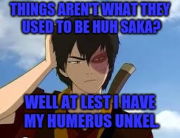 THINKING ZUKO | THINGS AREN'T WHAT THEY USED TO BE HUH SAKA? WELL AT LEST I HAVE MY HUMERUS UNKEL. | image tagged in thinkingzuko,avatar the last airbender | made w/ Imgflip meme maker