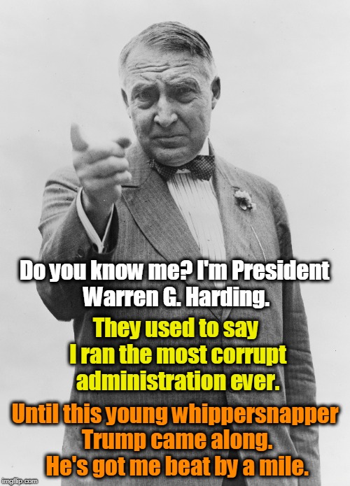 The Winnah, and New Champeen! |  Do you know me? I'm President Warren G. Harding. They used to say I ran the most corrupt administration ever. Until this young whippersnapper Trump came along. He's got me beat by a mile. | image tagged in warren g harding,trump,corruption,white house,administration | made w/ Imgflip meme maker