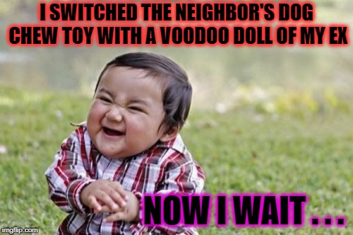 Oh that Voodoo that you do . . . | I SWITCHED THE NEIGHBOR'S DOG CHEW TOY WITH A VOODOO DOLL OF MY EX; NOW I WAIT . . . | image tagged in memes,evil toddler,funny,voodoo doll | made w/ Imgflip meme maker