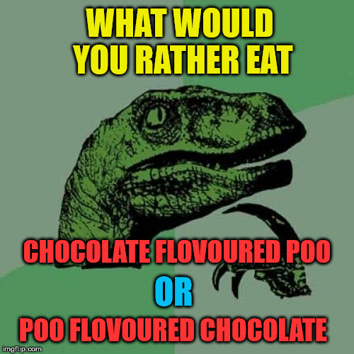 Dilemma |  WHAT WOULD YOU RATHER EAT; CHOCOLATE FLOVOURED POO; OR; POO FLOVOURED CHOCOLATE | image tagged in memes,philosoraptor,question,funny,chocolate,eat | made w/ Imgflip meme maker