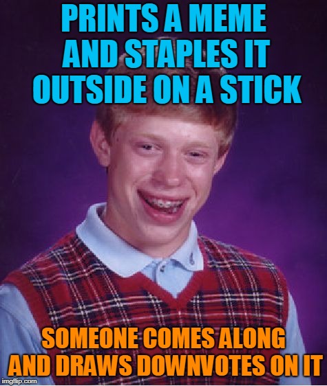 Bad Luck Brian Meme | PRINTS A MEME AND STAPLES IT OUTSIDE ON A STICK SOMEONE COMES ALONG AND DRAWS DOWNVOTES ON IT | image tagged in memes,bad luck brian | made w/ Imgflip meme maker